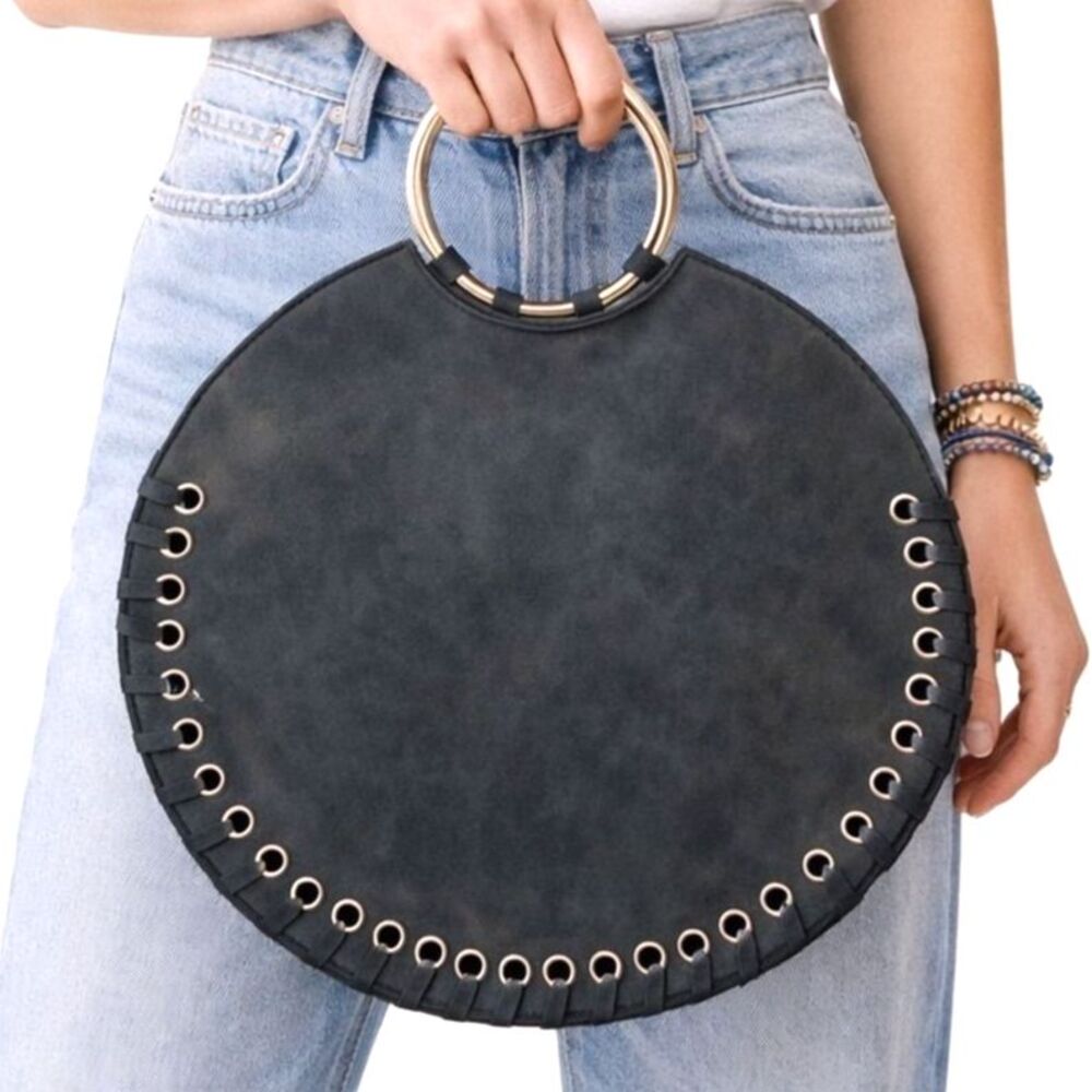 Anthropologie Marla Round Tote 13" Circle Grommet Ring Handle Boho Bag